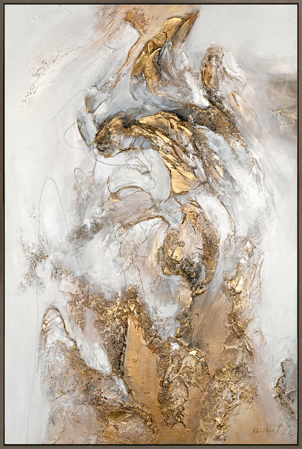 The painting "Dance of Golden Breath" is an abstract composition with warm energy.