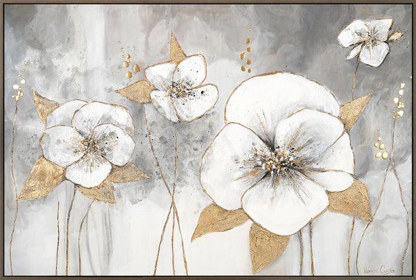 The painting "Golden Tenderness" is a floral abstraction in light shades