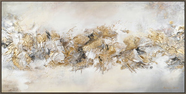 The painting "Light Through the Dust" is an abstract harmony in a light and gold palette