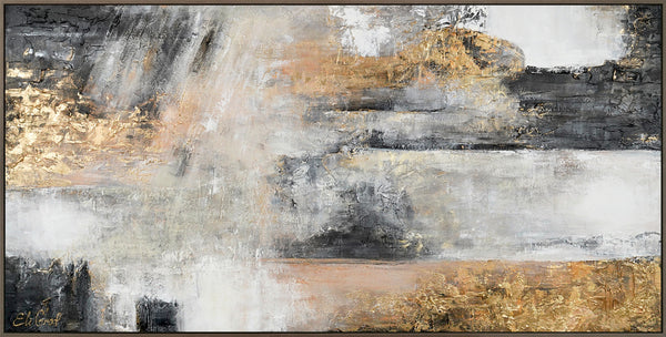 The painting "Gold and Silence" is an abstract composition in a neutral-metallic palette