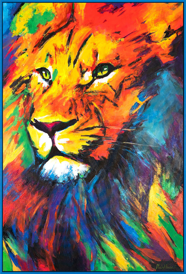 The painting "The Look of Power" is an expressive depiction of a lion in explosive colors