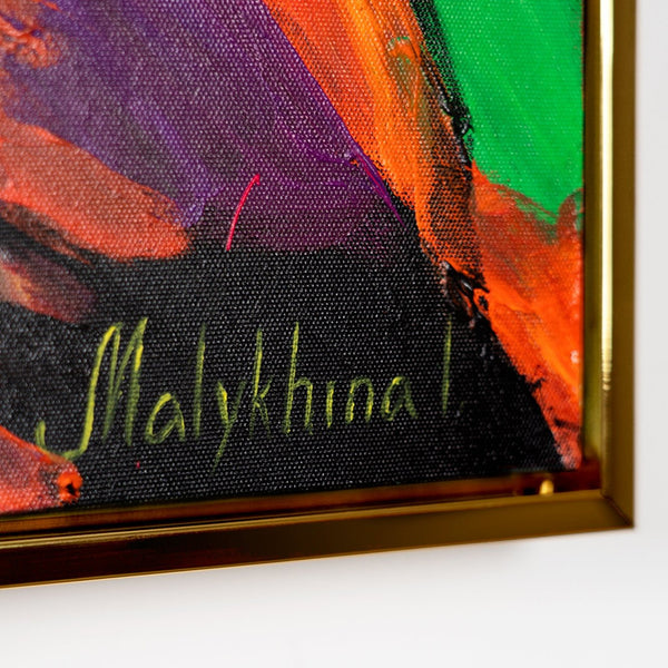The painting "The Look of Power" is an expressive depiction of a lion in explosive colors