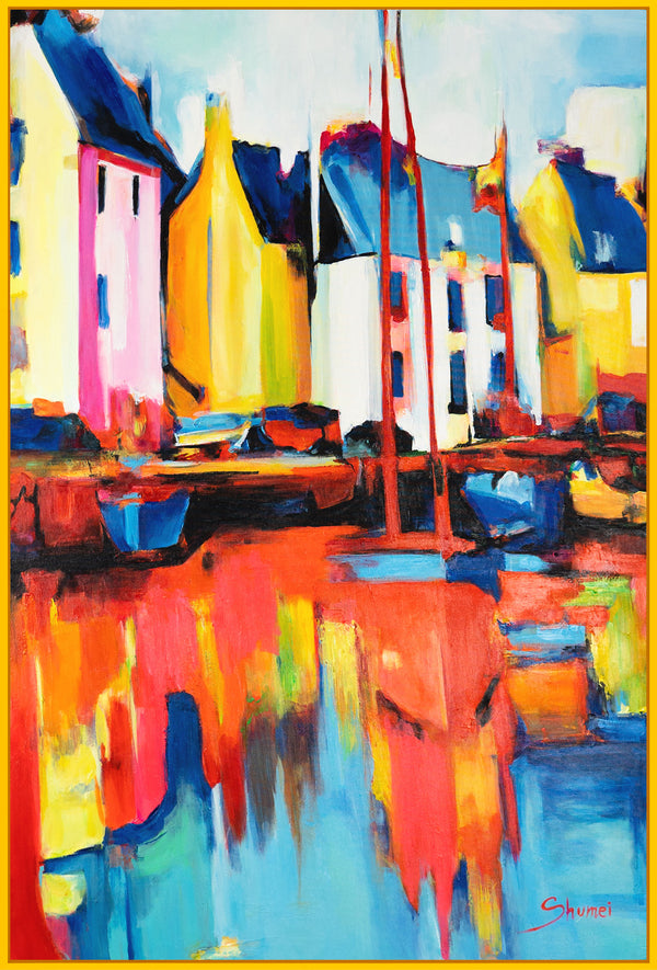 The painting "Bright Port" is an abstract cityscape in rich colors