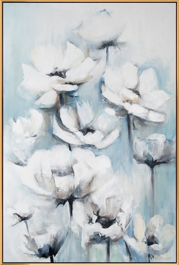 The painting "Silence of Petals" is a floral abstraction in a cold pastel palette