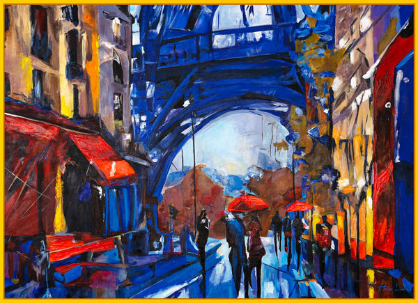 The painting "Under the Bridge in the Evening" is an urban abstraction in a blue-red palette