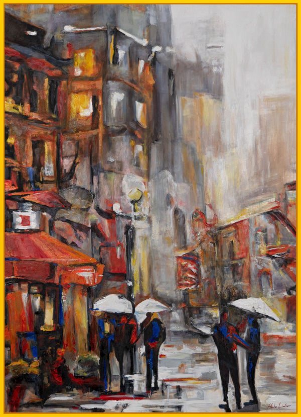 The painting "City Rain" is an atmospheric cityscape in warm tones