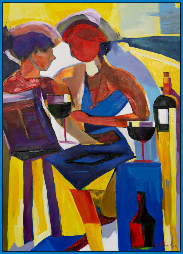 The painting "Conversation over Wine" is an expressive figurative abstraction