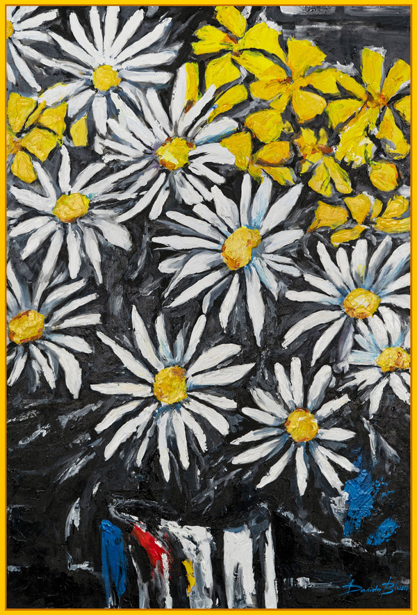 The painting "Field Accents" is a floral abstraction in a contrasting palette