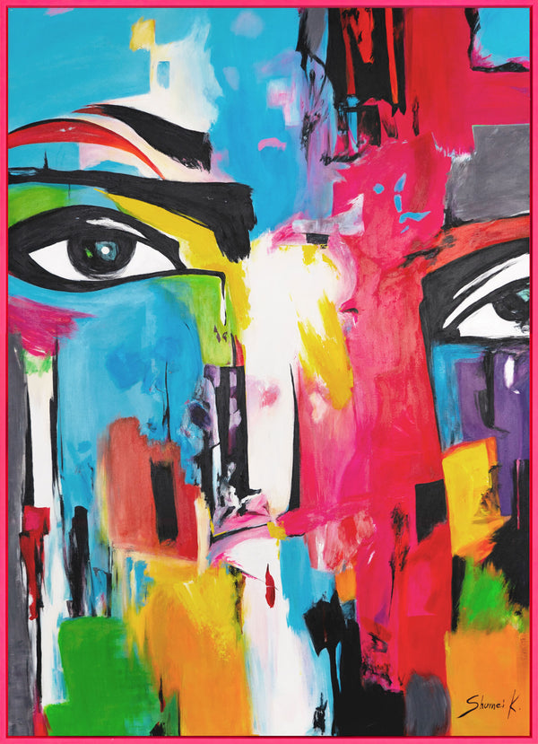 The painting "Views Across the City" is an abstract portrait in a neon palette
