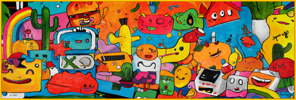 The painting "Fantasy World" is a modern abstraction in the style of pop art