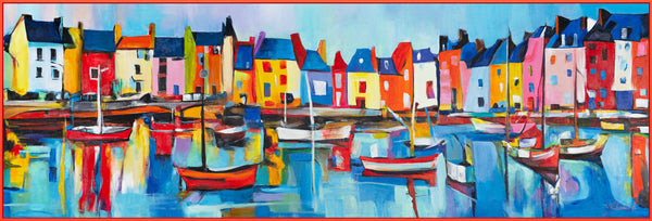 The painting "Harbor of Colors" is an abstract seascape in a bright palette
