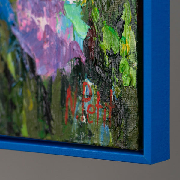 The painting "Flaming Flower Garden" is an abstraction in a multi-colored floral palette