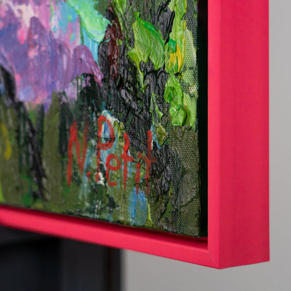 The painting "Flaming Flower Garden" is an abstraction in a multi-colored floral palette