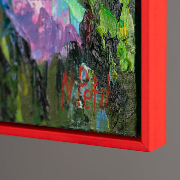 The painting "Flaming Flower Garden" is an abstraction in a multi-colored floral palette