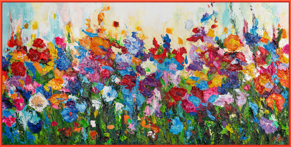 The painting "Flaming Flower Garden" is an abstraction in a multi-colored floral palette