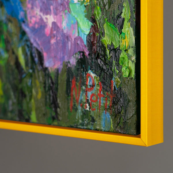 The painting "Flaming Flower Garden" is an abstraction in a multi-colored floral palette