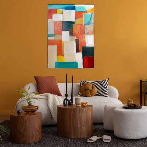 Framed abstract geometric painting in vibrant colors "Geometry of Illusions"