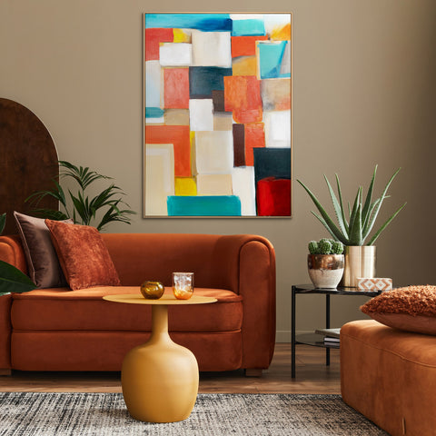 Framed abstract geometric painting in vibrant colors "Geometry of Illusions"