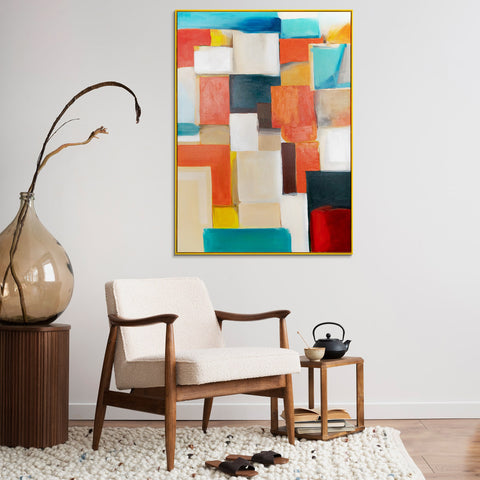 Framed abstract geometric painting in vibrant colors "Geometry of Illusions"