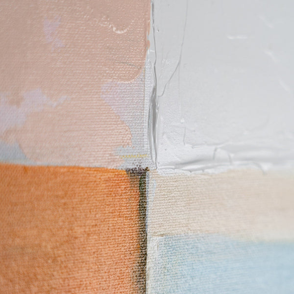 The painting "Urban Rhythm" is a geometric abstraction in a bright palette