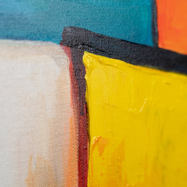 The painting "Urban Rhythm" is a geometric abstraction in a bright palette