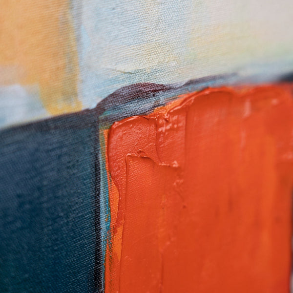The painting "Urban Rhythm" is a geometric abstraction in a bright palette