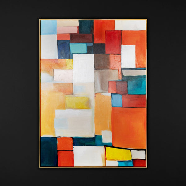 The painting "Urban Rhythm" is a geometric abstraction in a bright palette