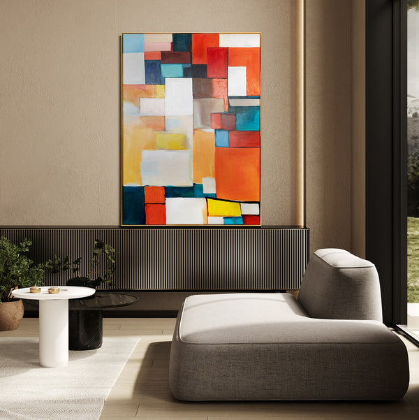 The painting "Urban Rhythm" is a geometric abstraction in a bright palette