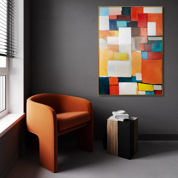 The painting "Urban Rhythm" is a geometric abstraction in a bright palette