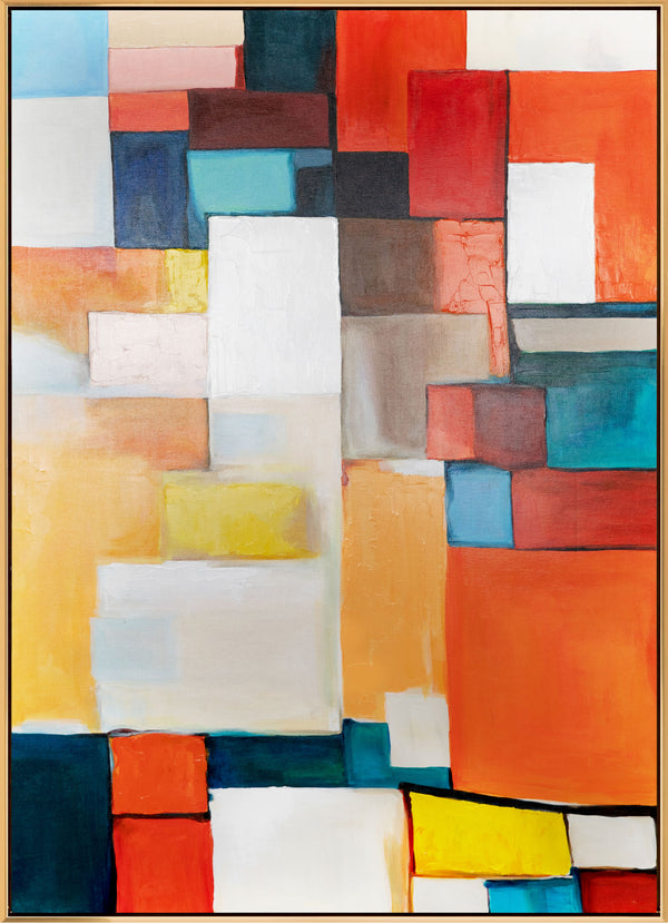 The painting "Urban Rhythm" is a geometric abstraction in a bright palette