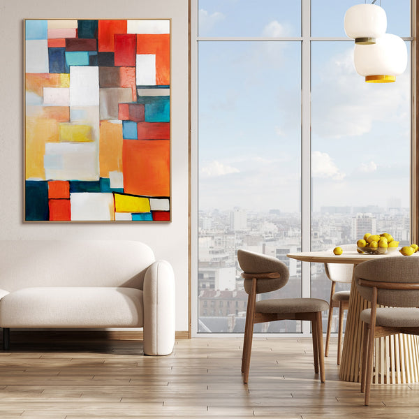 The painting "Urban Rhythm" is a geometric abstraction in a bright palette