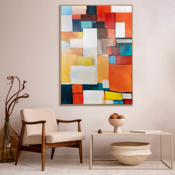 The painting "Urban Rhythm" is a geometric abstraction in a bright palette