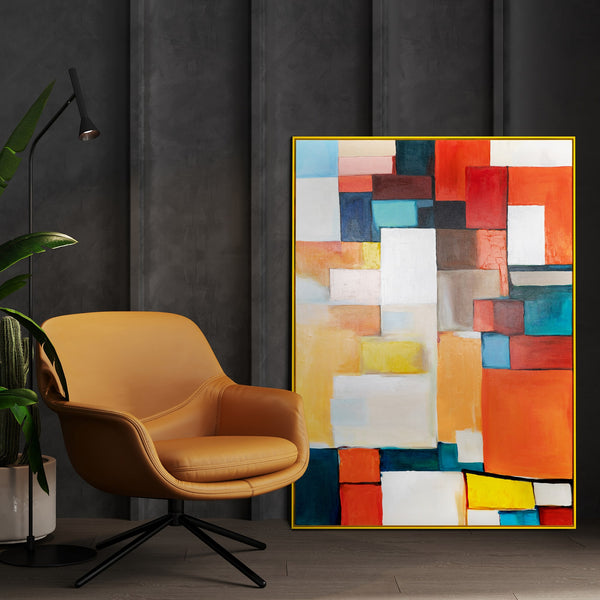 The painting "Urban Rhythm" is a geometric abstraction in a bright palette
