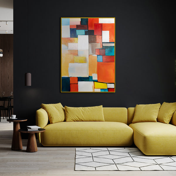The painting "Urban Rhythm" is a geometric abstraction in a bright palette