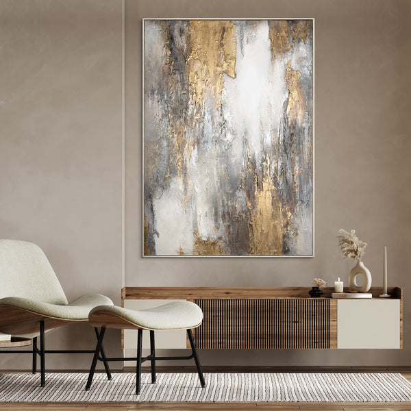 The painting "Mineral Radiance" is an abstraction in a restrained range with a golden accent.