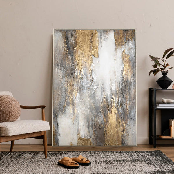 The painting "Mineral Radiance" is an abstraction in a restrained range with a golden accent.