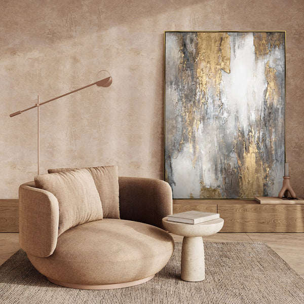 The painting "Mineral Radiance" is an abstraction in a restrained range with a golden accent.