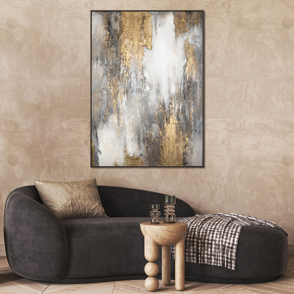 The painting "Mineral Radiance" is an abstraction in a restrained range with a golden accent.