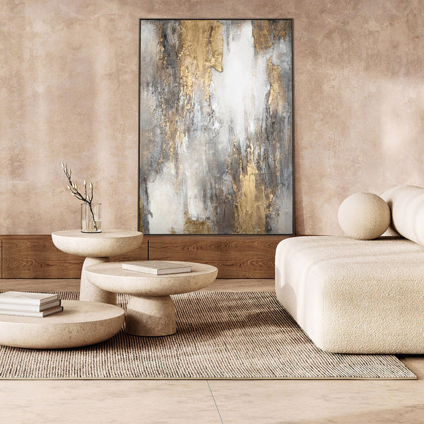 The painting "Mineral Radiance" is an abstraction in a restrained range with a golden accent.