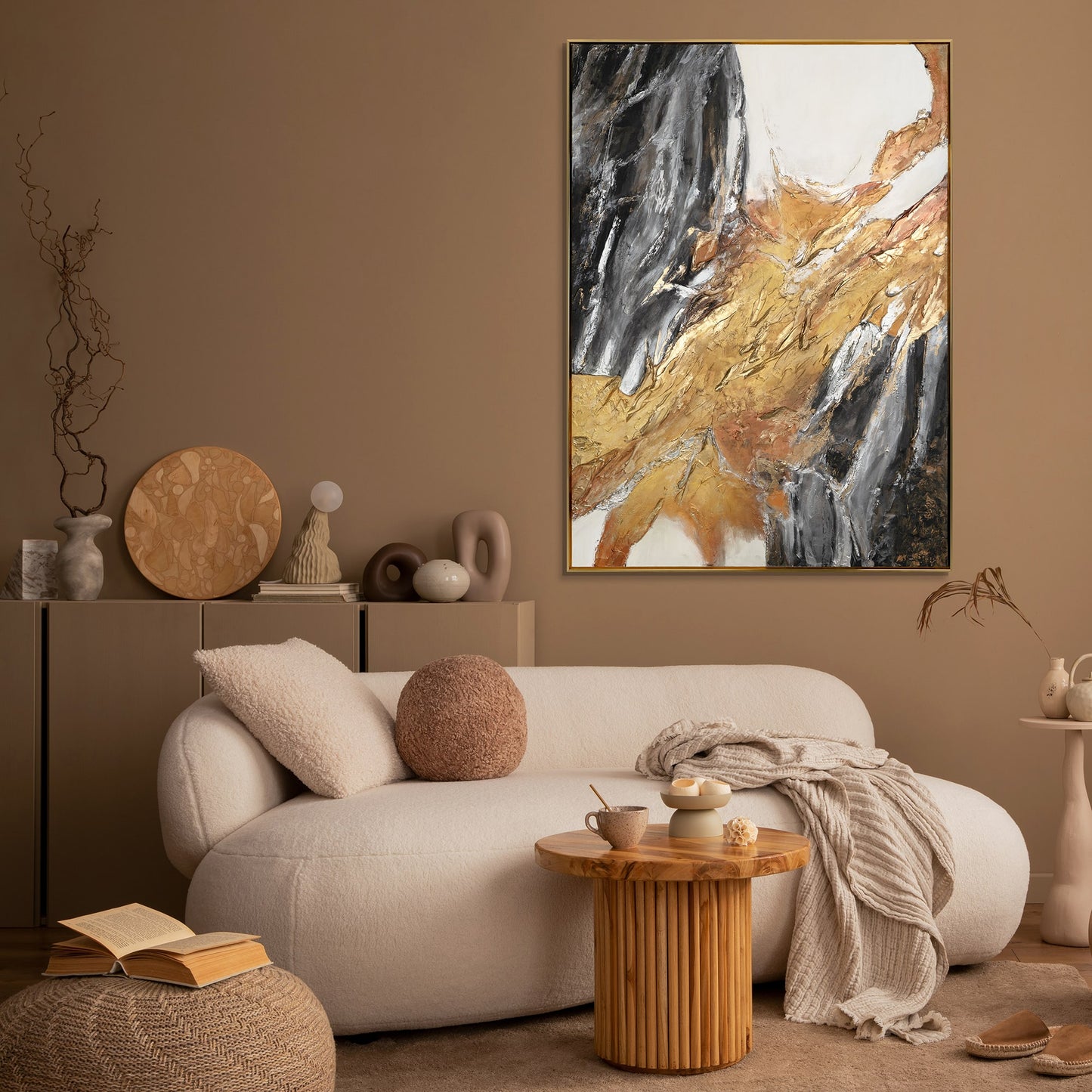 Framed abstract painting on canvas "Golden Symphony"