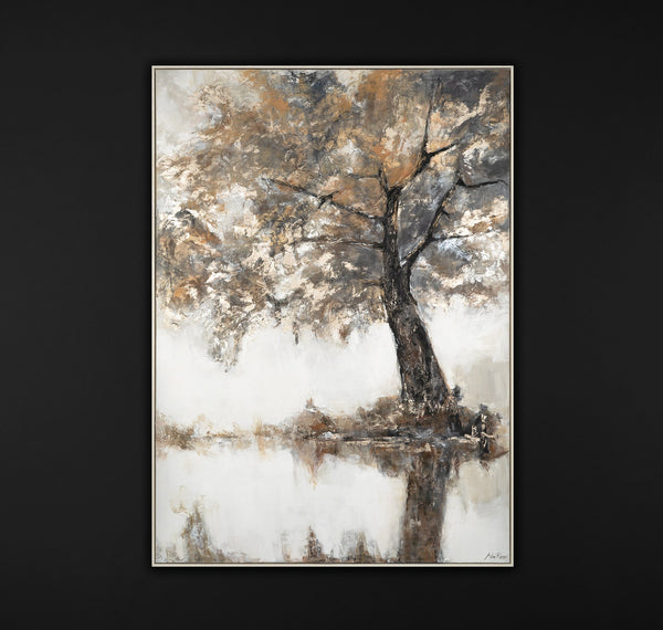 The painting "Autumn Silence" is a lyrical landscape in muted tones