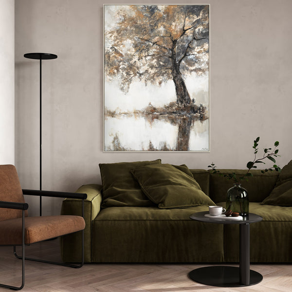 The painting "Autumn Silence" is a lyrical landscape in muted tones
