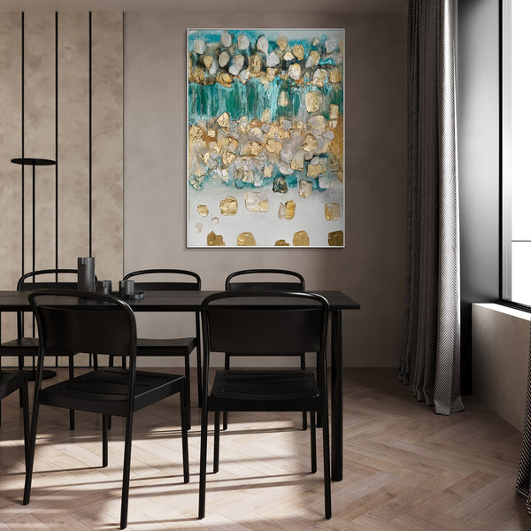 The painting "Gold of Water" is an abstraction with shimmer and depth of color