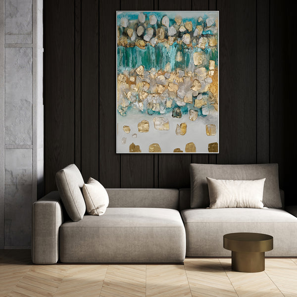 The painting "Gold of Water" is an abstraction with shimmer and depth of color