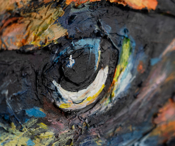 The painting "The Look of Power" is an expressive portrait of a predator in the dynamics of color