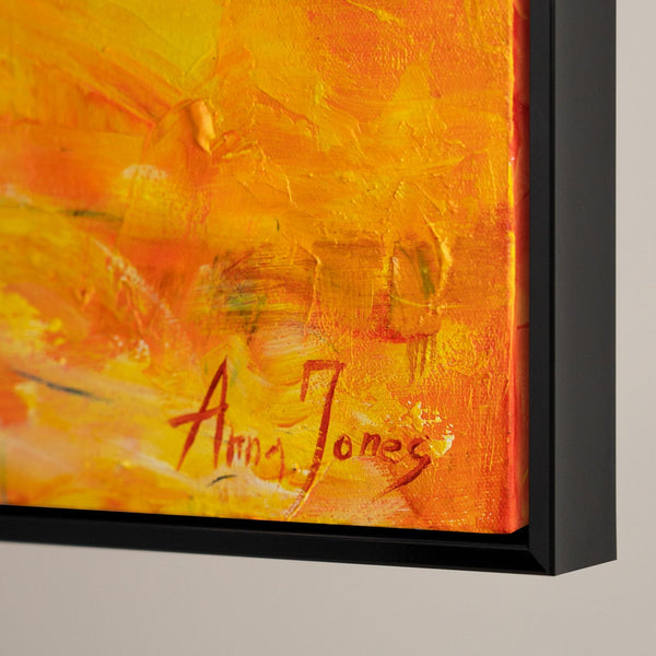 The painting "Dance of Fire" is an expressive ballet scene in a fiery palette