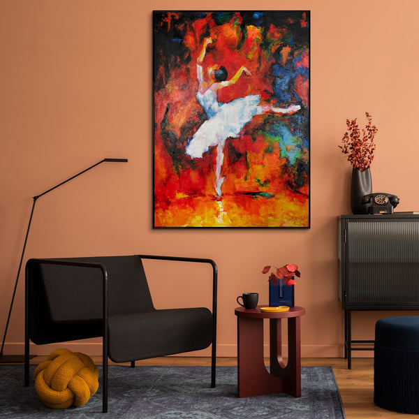 The painting "Dance of Fire" is an expressive ballet scene in a fiery palette