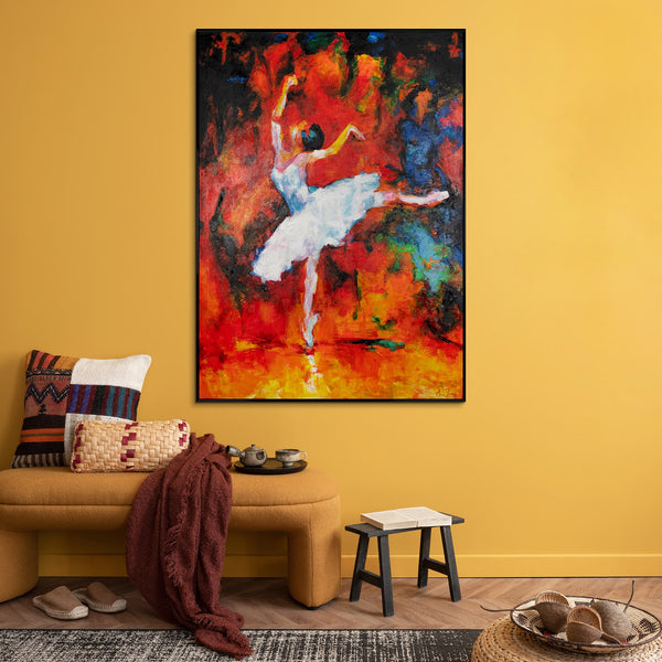 The painting "Dance of Fire" is an expressive ballet scene in a fiery palette
