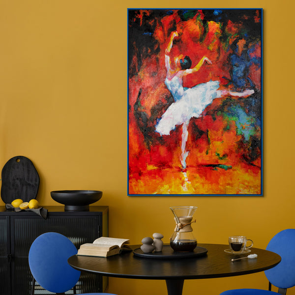 The painting "Dance of Fire" is an expressive ballet scene in a fiery palette