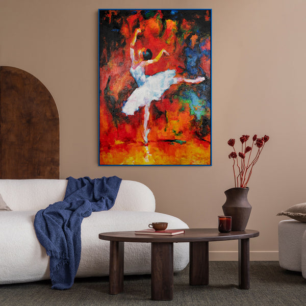The painting "Dance of Fire" is an expressive ballet scene in a fiery palette